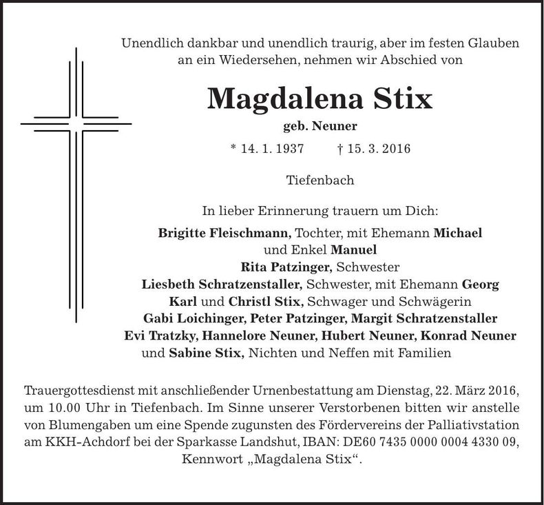 Traueranzeige Magdalena Stix