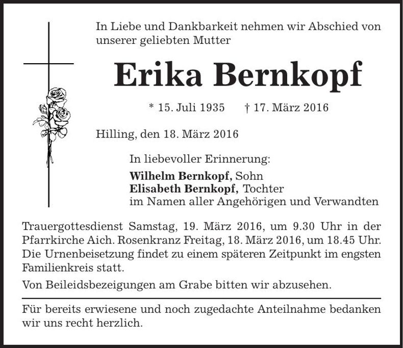Traueranzeige Erika Bernkopf