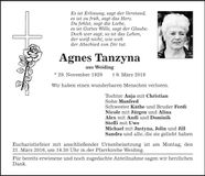 Traueranzeige Agnes Tanzyna
