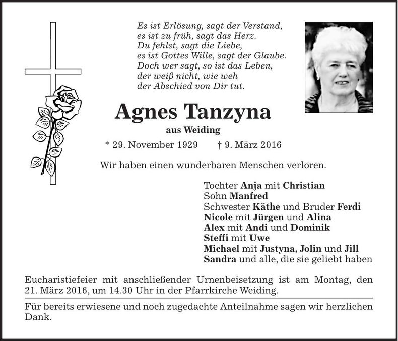 Traueranzeige Agnes Tanzyna