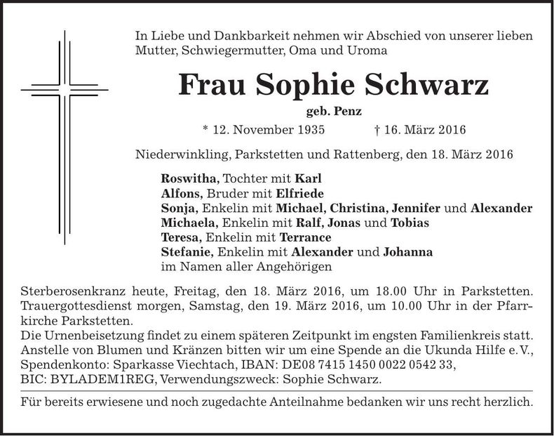 Traueranzeige Sophie Schwarz