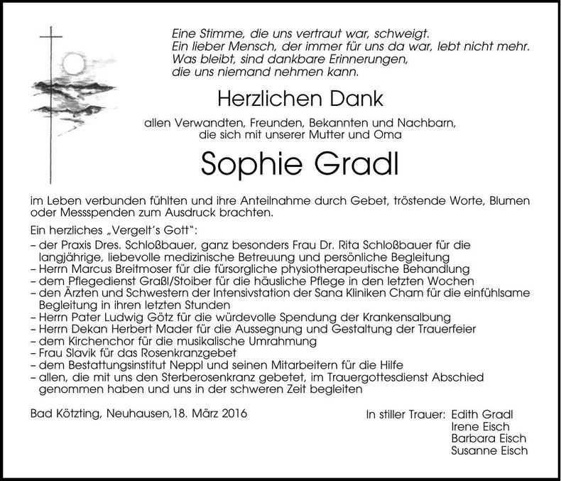 Traueranzeige Sophie Gradl
