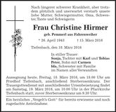 Traueranzeige Christine Hirmer