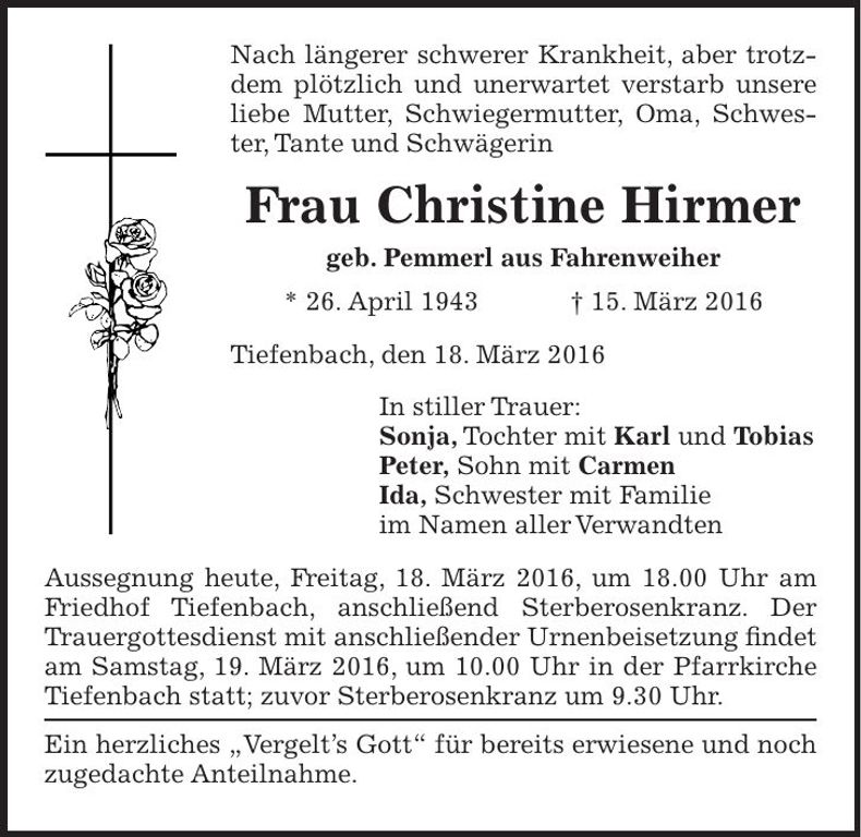 Traueranzeige Christine Hirmer