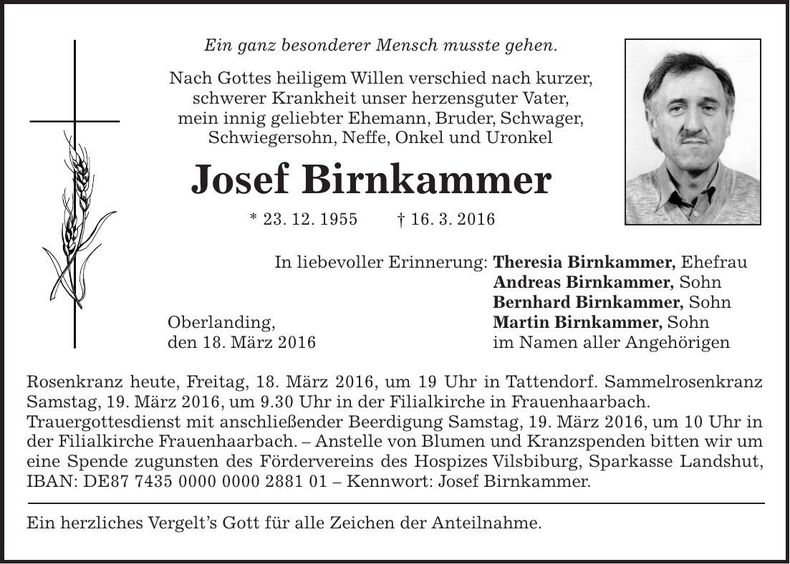 Traueranzeige Josef Birnkammer