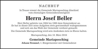 Traueranzeige Josef Beller
