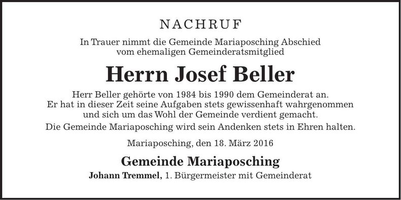 Traueranzeige Josef Beller