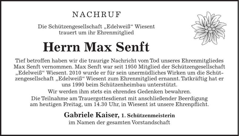 Traueranzeige Max Senft