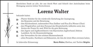 Traueranzeige Lorenz Walter
