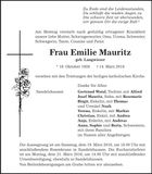 Traueranzeige Emilie Mauritz