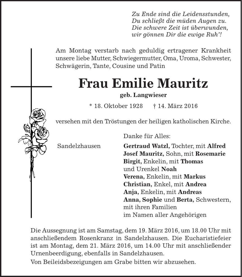 Traueranzeige Emilie Mauritz