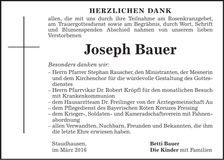 Traueranzeige Joseph Bauer