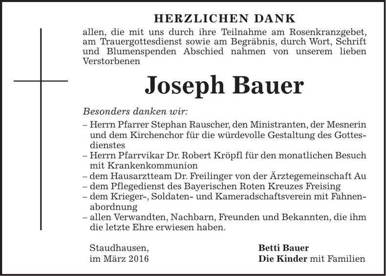 Traueranzeige Joseph Bauer