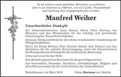 Traueranzeige Manfred Weiher