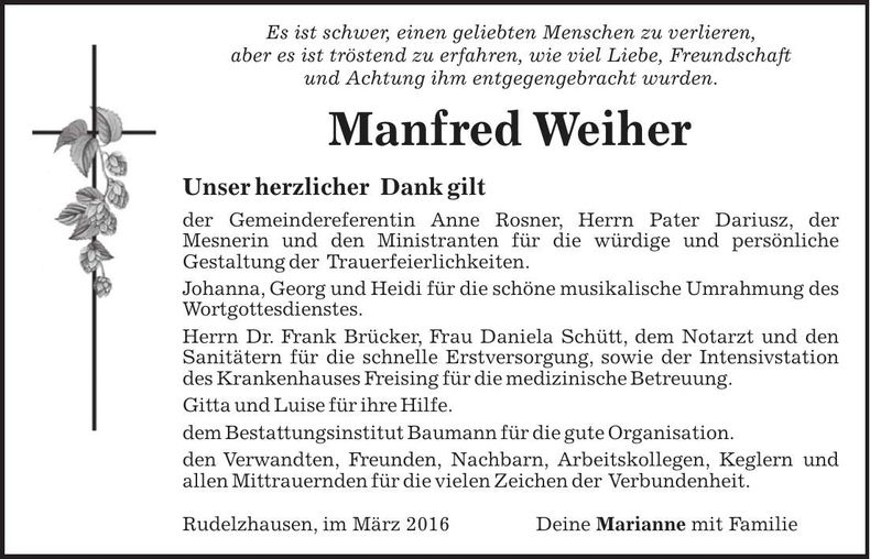 Traueranzeige Manfred Weiher