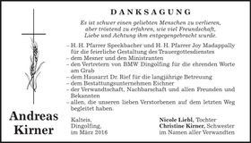 Traueranzeige Andreas Kirner