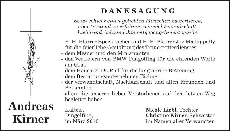 Traueranzeige Andreas Kirner