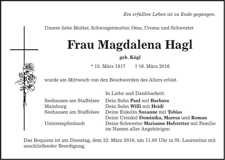Traueranzeige Magdalena Hagl