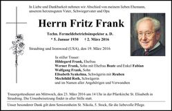 Traueranzeige Fritz Frank