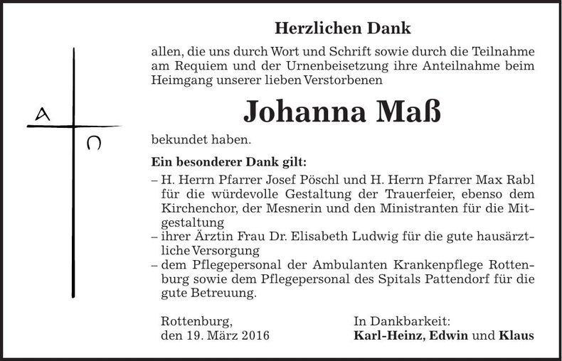 Traueranzeige Johanna Maß