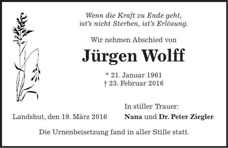 Traueranzeige Jürgen Wolff