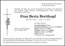 Traueranzeige Berta Breitkopf