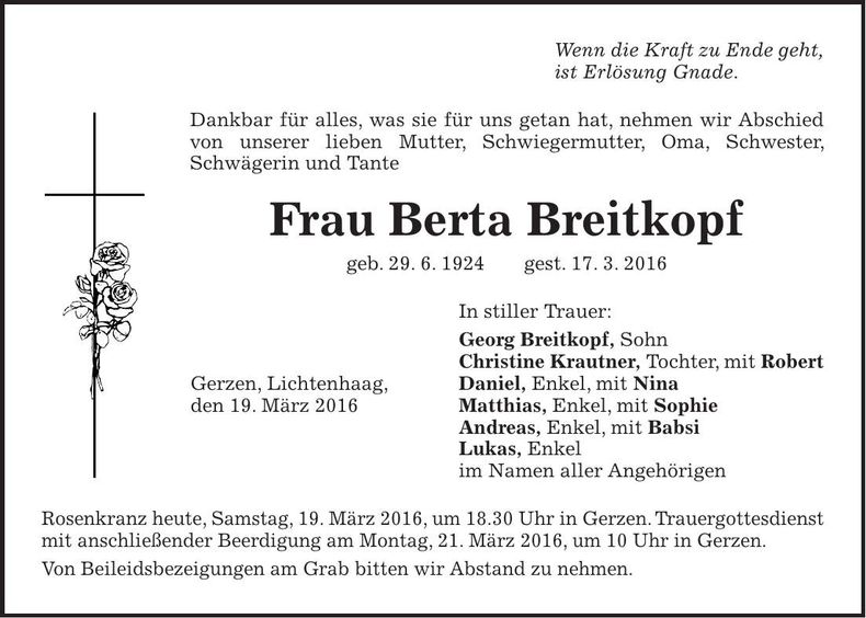 Traueranzeige Berta Breitkopf