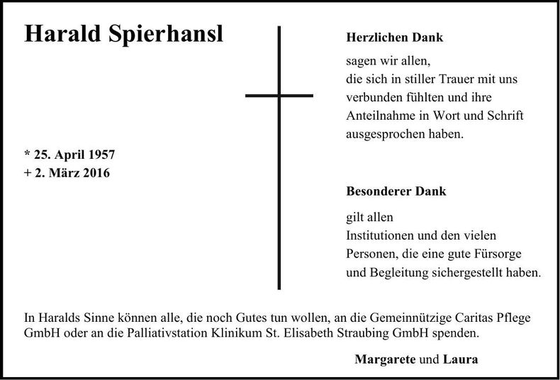 Traueranzeige Harald Spierhansl