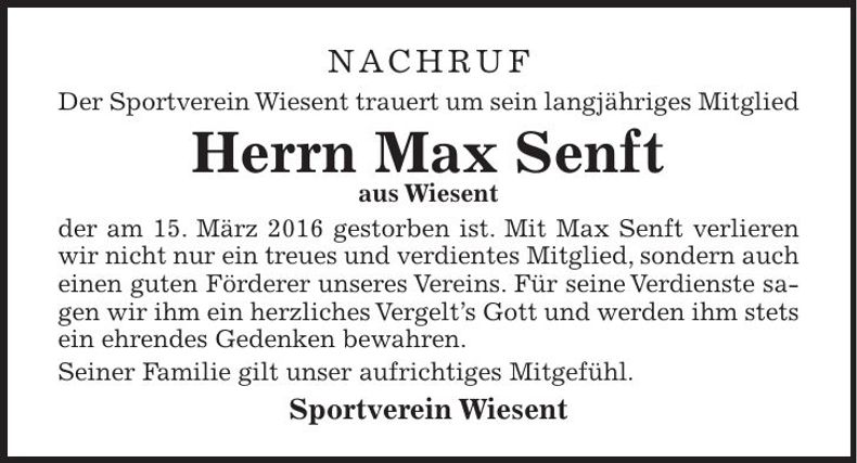 Traueranzeige Max Senft