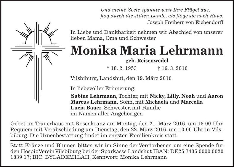 Traueranzeige Monika Maria Lehrmann