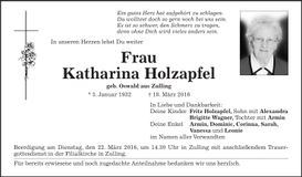 Traueranzeige Katharina Holzapfel