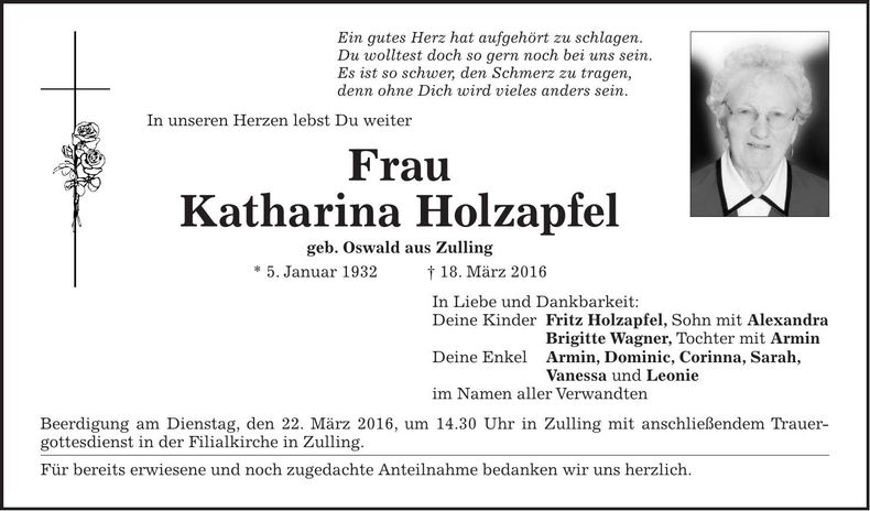 Traueranzeige Katharina Holzapfel