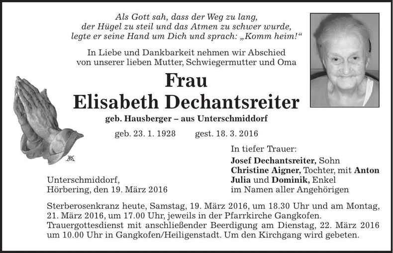 Traueranzeige Elisabeth Dechantsreiter