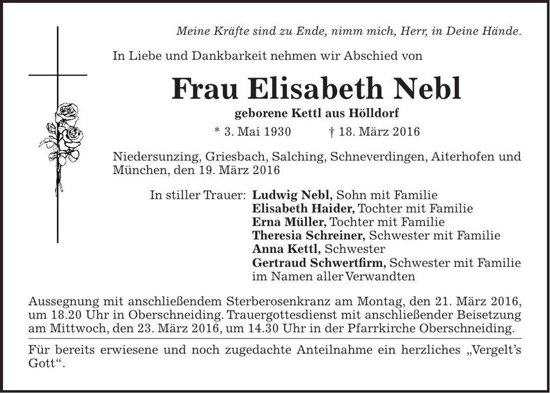 Traueranzeige Elisabeth Nebl