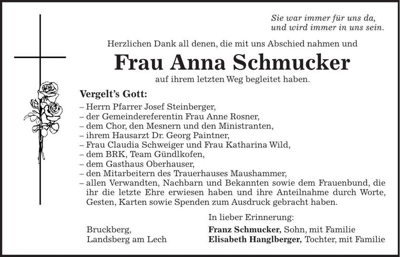 Traueranzeige Anna Schmucker