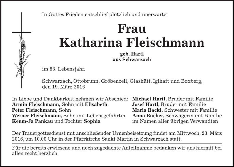 Traueranzeige Katharina Fleischmann