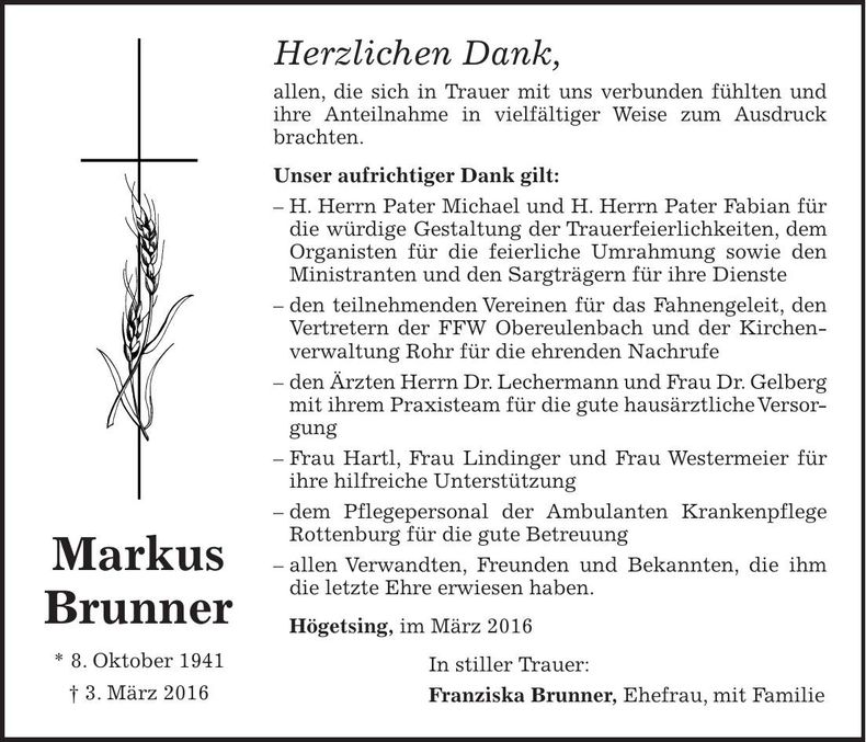Traueranzeige Markus Brunner