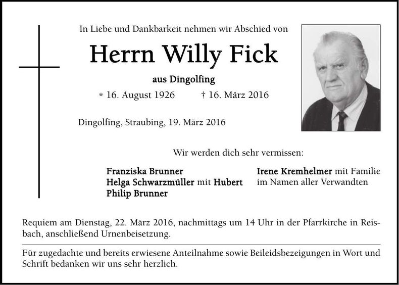 Traueranzeige Willy Fick