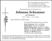 Traueranzeige Johanna Schranner