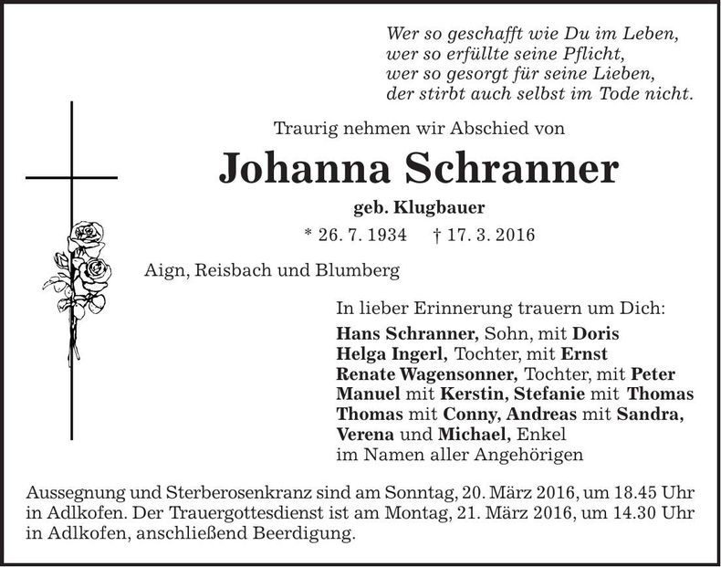 Traueranzeige Johanna Schranner