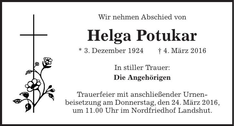 Traueranzeige Helga Potukar