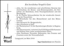 Traueranzeige Josef Wasl