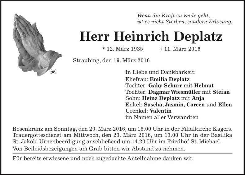 Traueranzeige Heinrich Deplatz