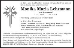 Traueranzeige Monika Maria Lehrmann