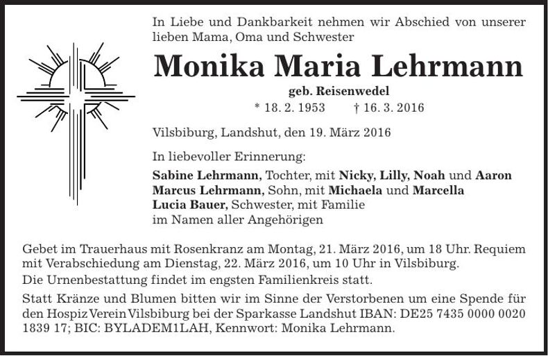Traueranzeige Monika Maria Lehrmann