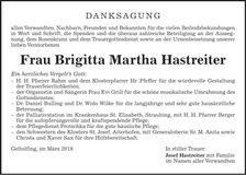 Traueranzeige Brigitta Martha Hastreiter