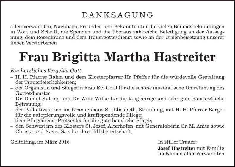 Traueranzeige Brigitta Martha Hastreiter