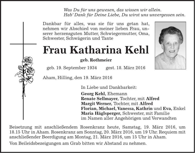 Traueranzeige Katharina Kehl