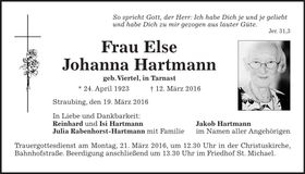 Traueranzeige Else Johanna Hartmann