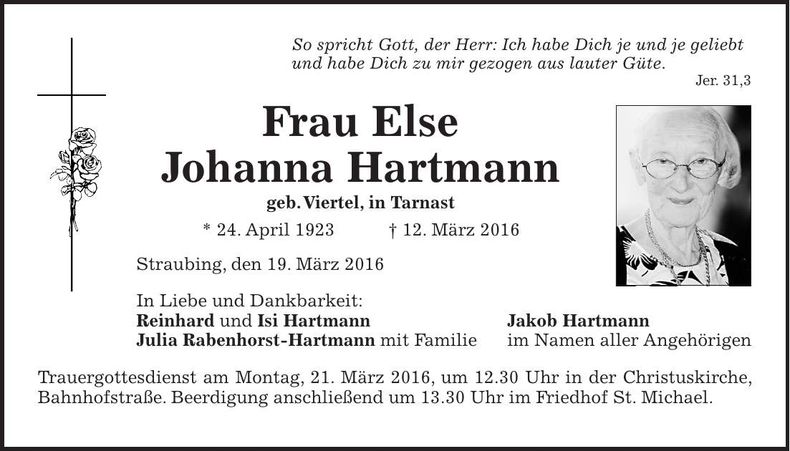 Traueranzeige Else Johanna Hartmann